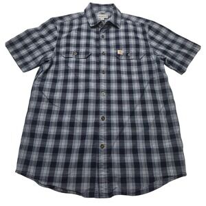 Carhartt Relaxed Fit Short Sleeve Button Up Blue Plaid Men's Medium 100% Cotton